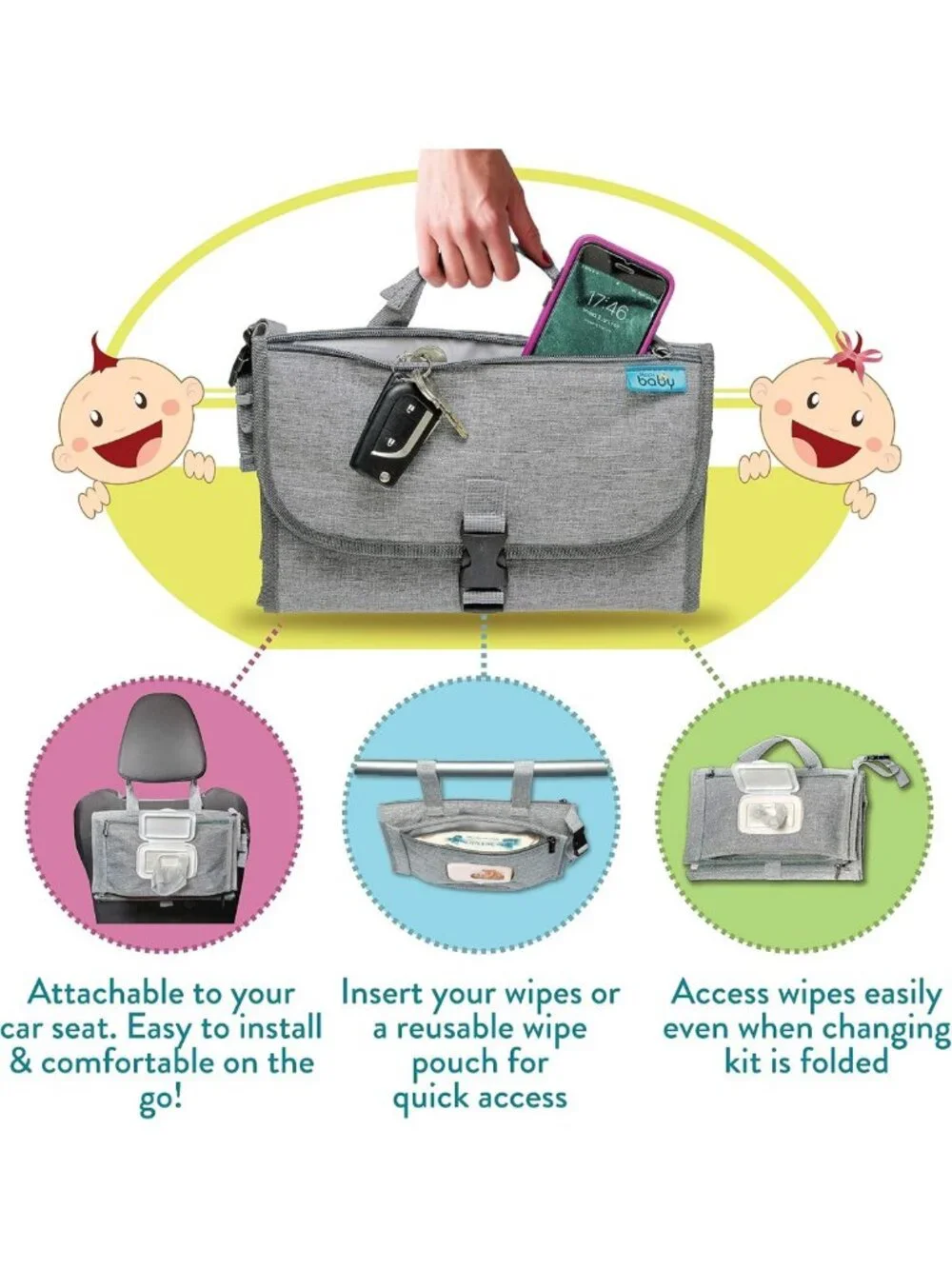 Portable Baby Diaper Changing Pad with Wipes Pocket - Classic Grey Travel